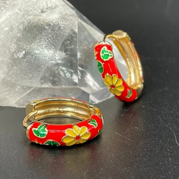 Red Floral Enamel Huggie Earrings #1352-RED - Picture 1 of 4